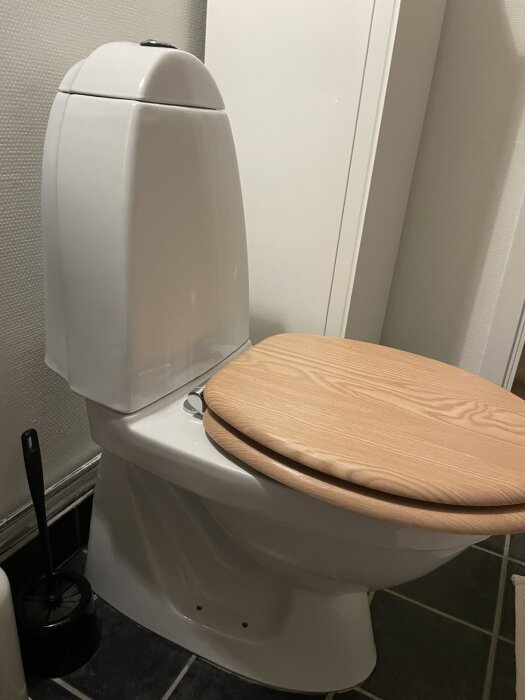 Vit toalett med brunt trälock, fotad i ett badrum. En toaborste står bredvid. Ventilproblem diskuterats i texten.