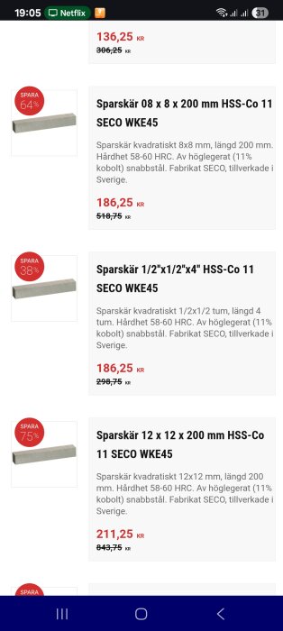 Bild av snabbstålprodukter med rabattmeddelanden, inklusive produkter från SECO i varierande storlekar och ursprung från Sverige.