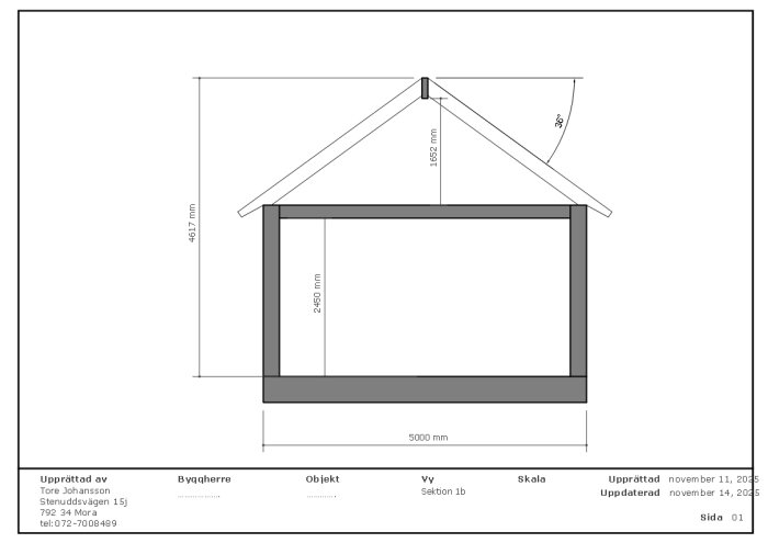 Ritning av byggnadssektion med taklutning 35 grader och dimensioner 5000x2450 mm, nockhöjd 1652 mm. Visar begränsat utrymme jämfört med huvudbyggnad.