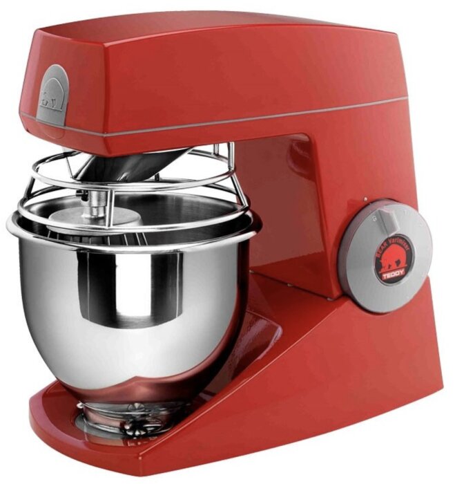 Röd Varimixer Teddy köksassistent med rostfri bunke och visp.