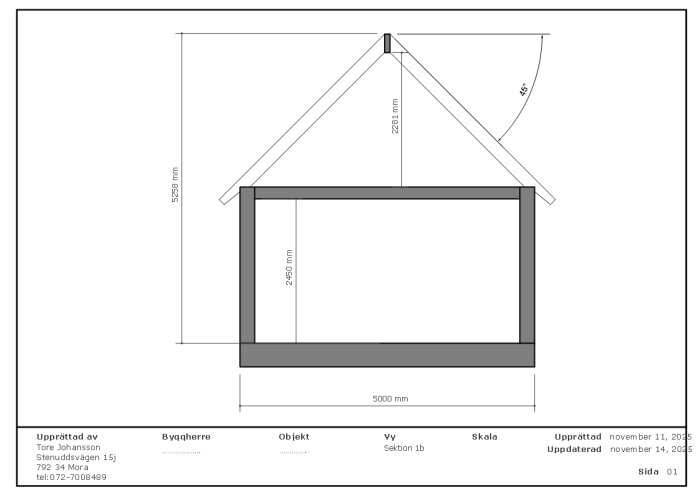 En sektionsritning visar ett tak 600mm högre än det mötande taket, med dimensioner och vinklar markerade.