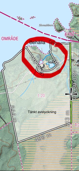 Karta över skogsfastighet vid Slättsjö 1:20 med markerade områden för "Behålla" och "Tänkt avstyckning".