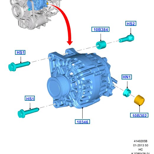 Ritning av en bilgenerator med märken för skruvar och monteringselement, visar en sektion av en motor med monteringsanvisningar.