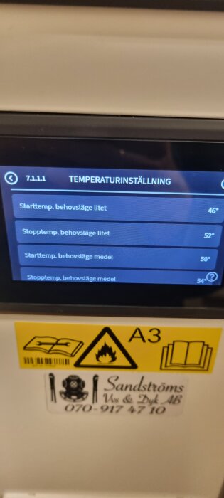 Skärmvisning av temperaturinställningar för frånluftsvärmepump, med start- och stopptemperaturer för olika behovslägen.
