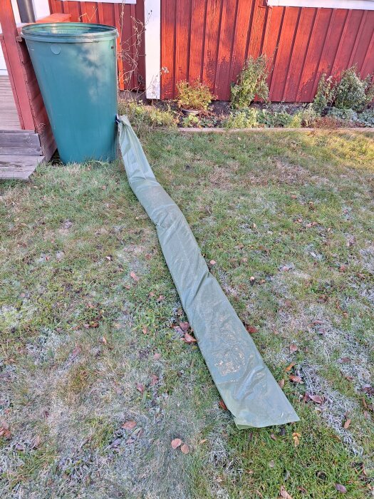 Grön regntunna vid en röd trävägg med en slang på frostad gräsmatta.