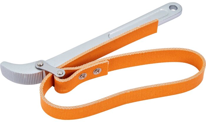 Oljefiltertång med orange rem och handtag, används för att skruva av oljefilter.