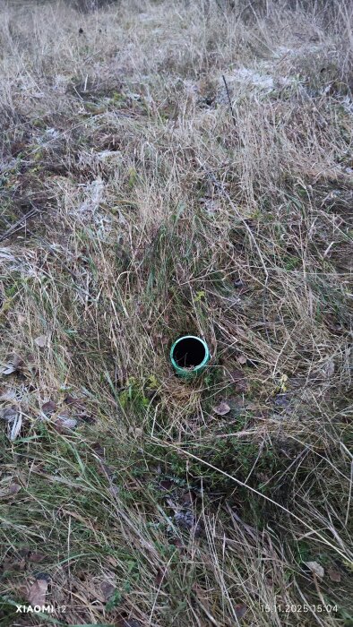 Rör i marken på en grästäckt kulle, omgivna av torrt gräs, nära avloppstank i en gårdsmiljö.