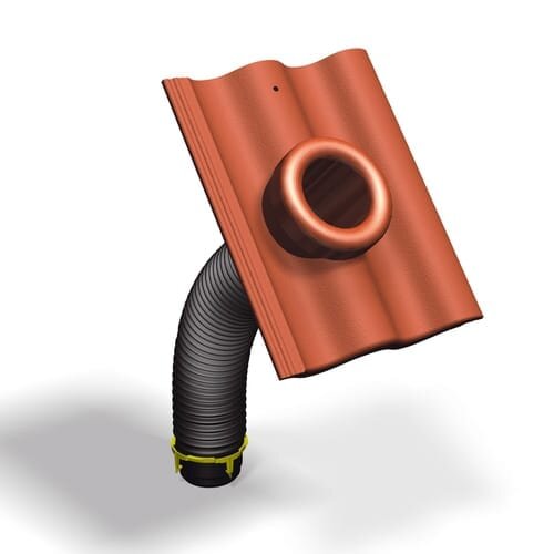 Avloppsluftning med rör anslutet till en takpanna, diameter 75mm, i ett kallt utrymme.