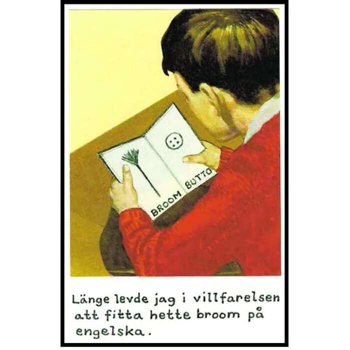 Pojke läser en bok med tecknade bilder av en kvast och en knapp med texten "Broom Button". Text under bilden beskriver en språkförvirring.