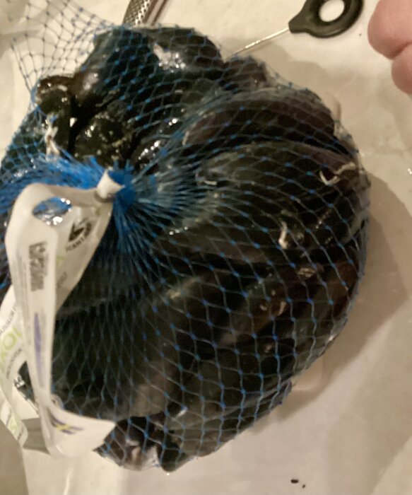 Blåmusslor i blå nätpåse på ett bord.