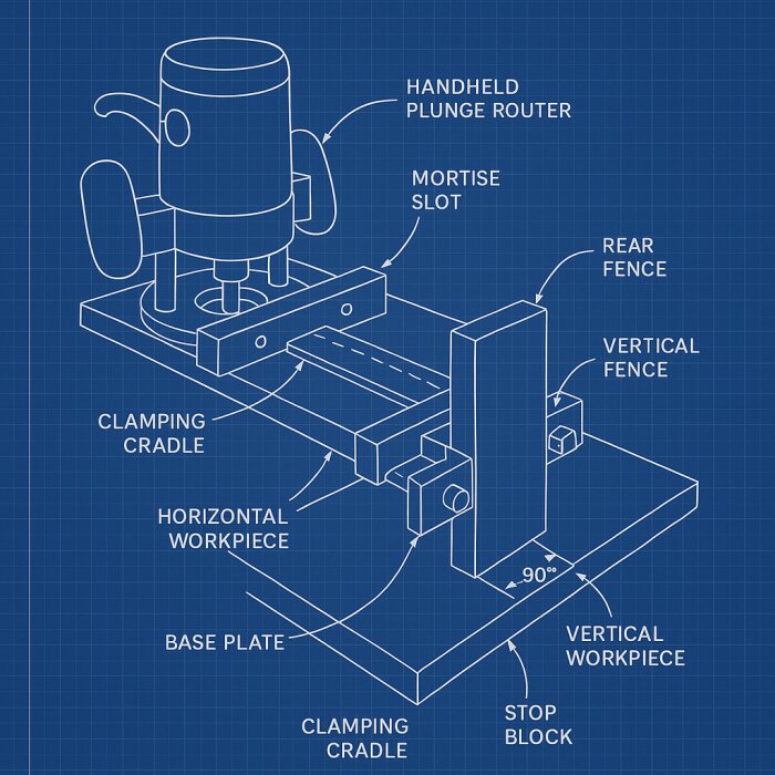 Ritning av en routerjig för att fräsa tappfogshål, med detaljer som handhållen plunge-router, klämställning och mortise slot, på blå bakgrund.