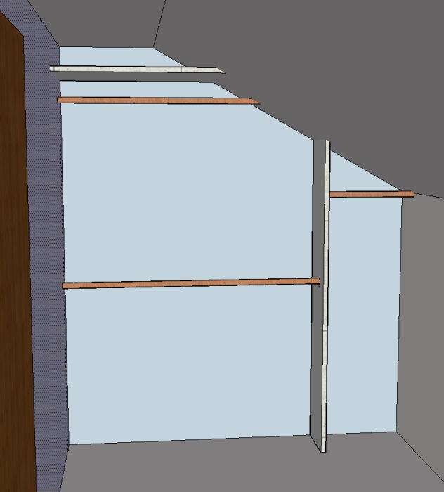Walk-in closet-design under snedtak med hyllplan och klädstång i trä, visar layout för fäste och placering av inredning.