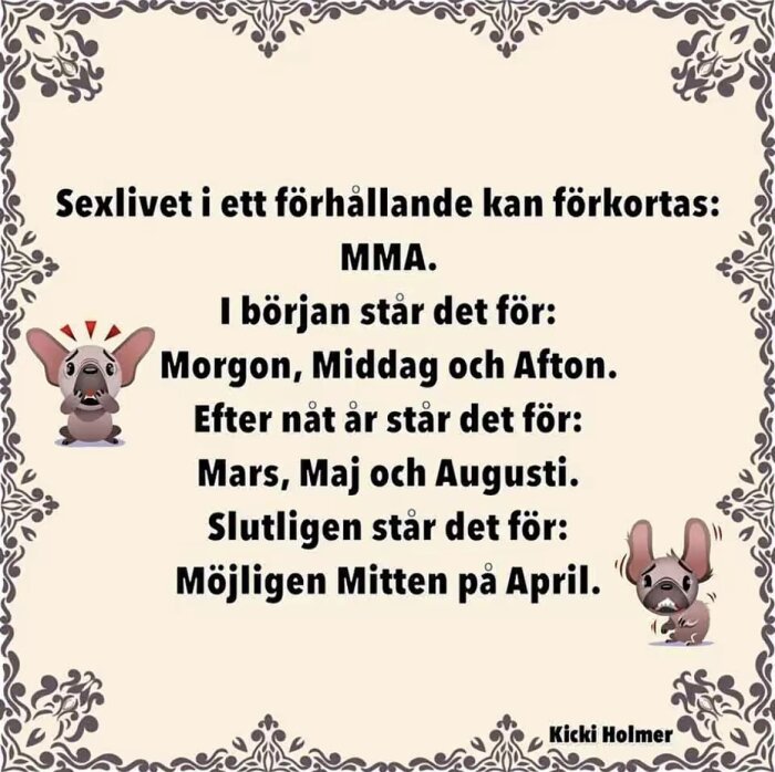 Humoristisk text om betydelsen av förkortningen MMA i ett förhållande, med tre olika faser och illustrationer av en hund som reagerar.