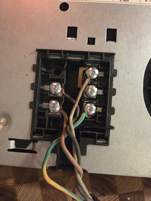 Bilden visar kopplingsdosan i en spishäll med fyra färgade kablar anslutna till skruvplintarna.