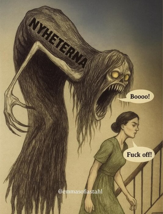 En kvinna på trappa ignorerar ett skräcklikt fläckmonster med ordet "NYHETERNA" som säger "Boooo!" medan hon svarar "Fuck off!".