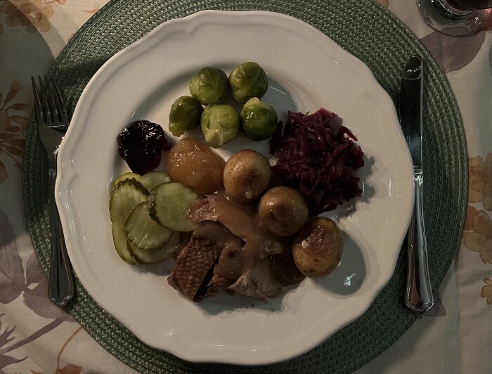 Tallrik med gås, potatis, brysselkål, rödkål, inlagd gurka, äppelmos, gelé och sås på en grön bordstablett.