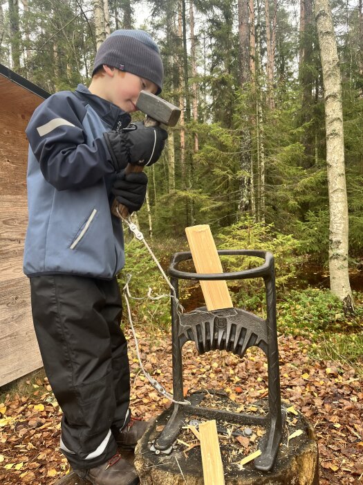 Barn med blå jacka och mössa använder vedklyv vid skogsutflykt.