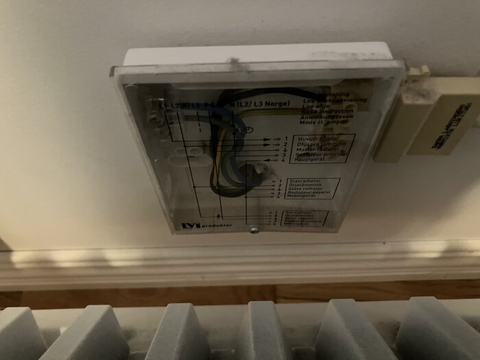 En trasig termostat med öppnat lock och synliga kablar, monterad på en vägg ovanför ett element.