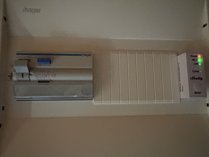 Elcentral med en jordfelsbrytare från Hager och en Shelly-enhet med lysdioder, inuti en förrådsbastu som löser ut säkerheten.