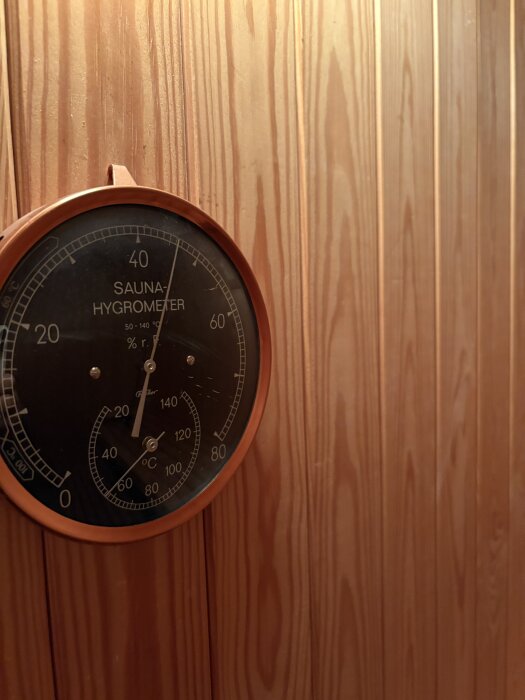 Väggmonterad sauna-hygrometer mot träpanel inomhus.
