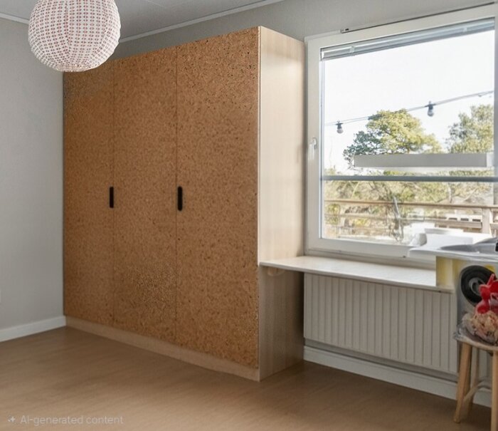 Garderob i ett rum med skrivbordsskiva, bredvid ett fönster som vetter mot en trädgård.