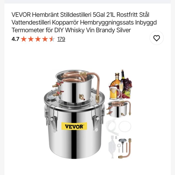 VEVOR hembränningsapparat med kopparrör och termometer, lämplig för whisky och vin.
