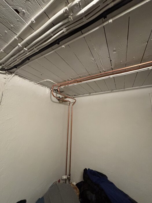 Oisolerade kopparrör för radiatorer monterade i ett källartak, synliga i ett vitmålat rum med plankor i taket.