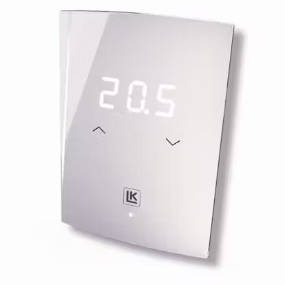 Modern termostat med digital temperaturdisplay och två knappar för att justera värmen. Märkt med en LK-logotyp.