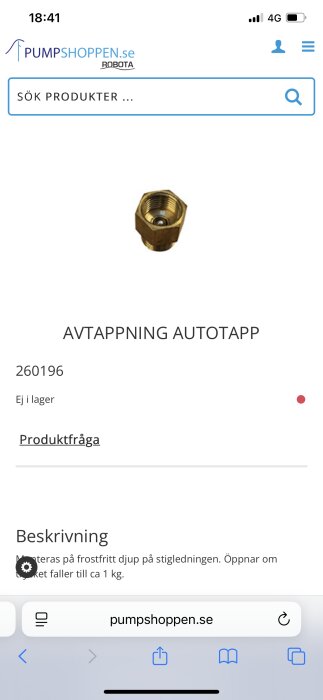 Bild av avtappningsautotapp med produktkod 260196, utanför lager hos pumpshoppen.se.