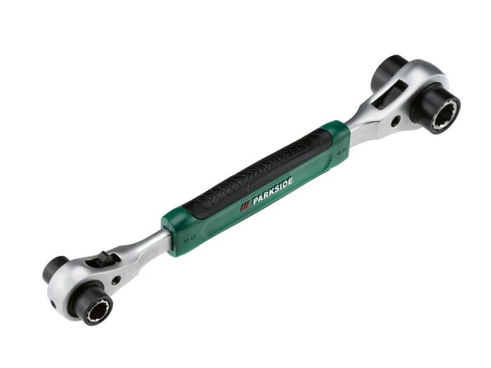Multifunktionell skiftnyckel från Parkside med dubbla hylsor, ofta såld på Lidl.