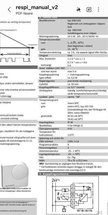 Kopplingsschema för termostat, visar elektriska anslutningar och komponentplacering, inzoomat från teknisk manual för en reglerenhet.