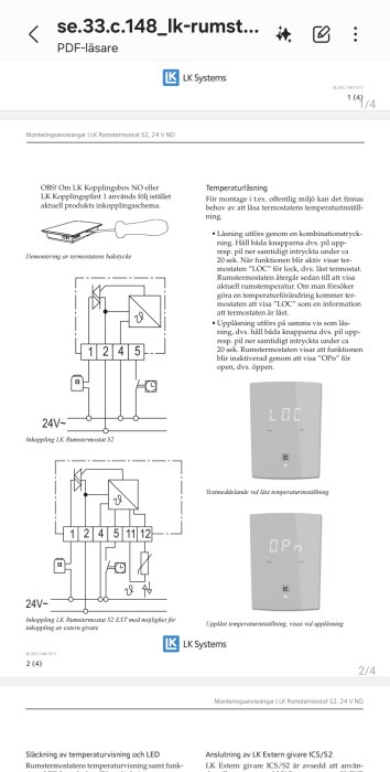 Elektriska kopplingsscheman för inkoppling av LK Rumstermostat S2, 24V, inklusive alternativ för extern givare.