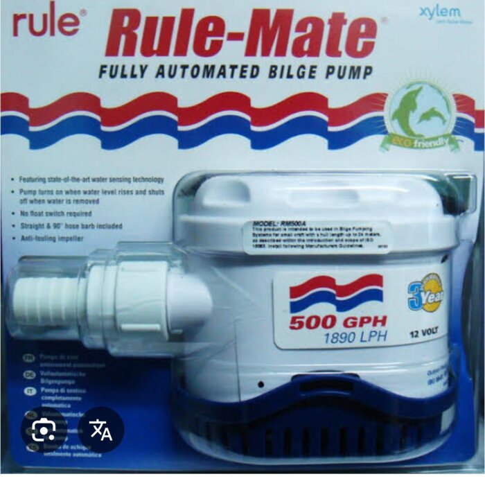 Helautomatisk länspump Rule-Mate, kapacitet 500 GPH (1890 LPH), för vattennivåkontroll, med miljövänlig märkning och tre års garanti.