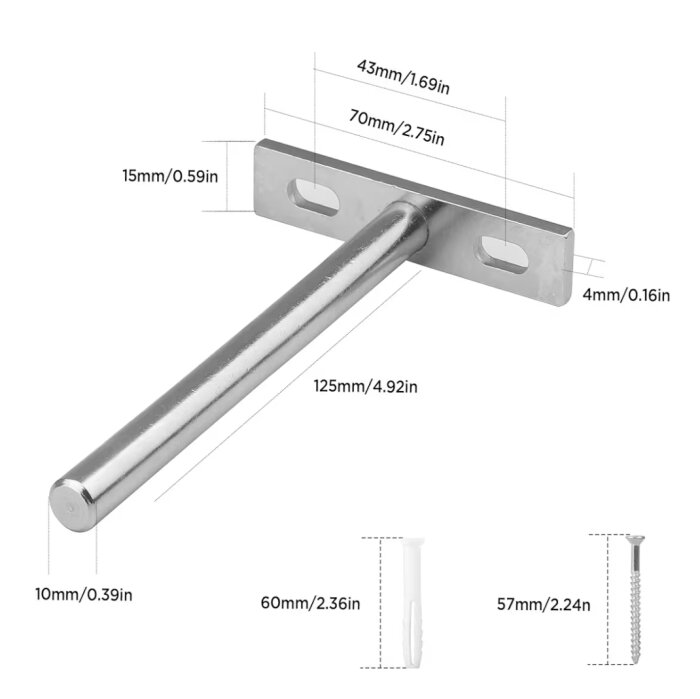 Rumsavdelare hyllkonsol med mått, 125 mm lång stav, 70 mm bred basplatta, inkl. plugg och skruv.