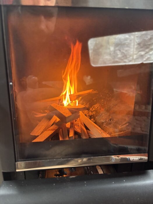 Liten brasa av trästickor brinner inuti en kamin med glaslucka.