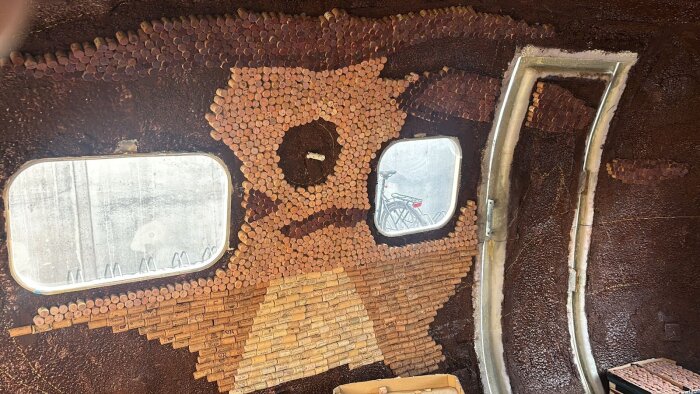 Bilden visar en vägg täckt av vinkorkar, arrangerade i ett mönster som liknar en solnedgång med reflexioner i vattnet, mellan två fönster.