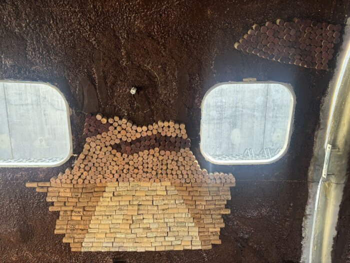 Väggdekoration av vinkork med solnedgångsmotiv under konstruktion, två fönster bredvid.