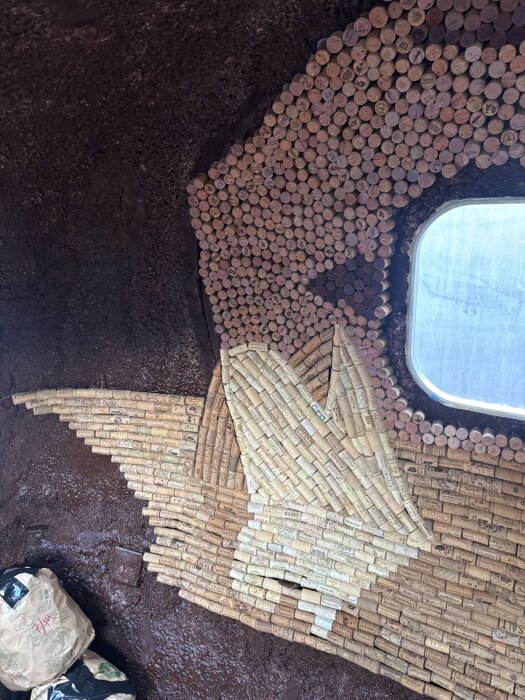 Korkmosaik på vägg med solnedgång och reflektioner i vatten, i ett pågående byggprojekt.