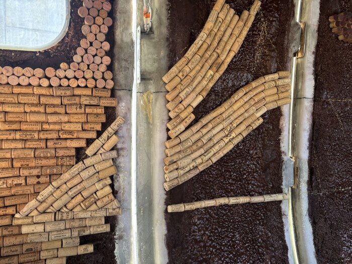 Vinkorkar limmade i ett mönster som liknar en solnedgång över vatten, med korkarna arrangerade för att skapa reflektionseffekter.