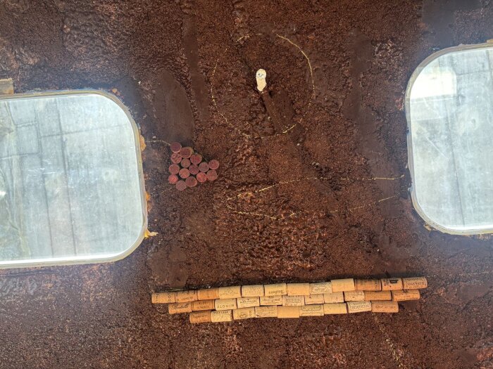 Korkar limmade på en brun vägg mellan två fönster. Korkarna bildar ett mönster som liknar en solnedgång med reflektioner i vatten.