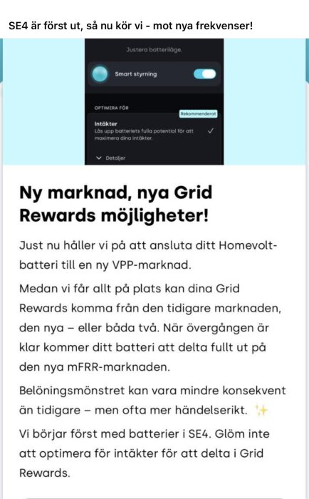 Inställningsskärm för smart styrning av batterioptimering och text om nya möjligheter med Grid Rewards och VPP-marknaden för Homevolt-batterier.