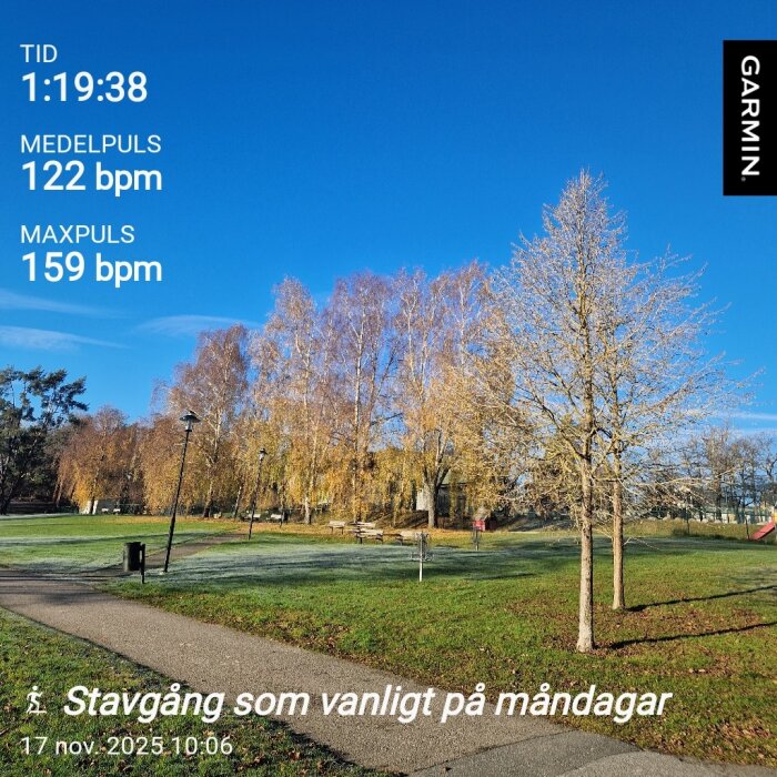 En park med träd och gångväg, solig dag. Pulsmätning från stavgång visas med tid, medelpuls och maxpuls. Garmin-logotyp syns.