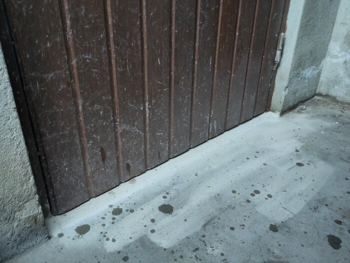 Brun dörr med vertikala paneler, hålkäl framför för att förhindra vatteninträngning; omgivande betongyta med vattenpläckar.