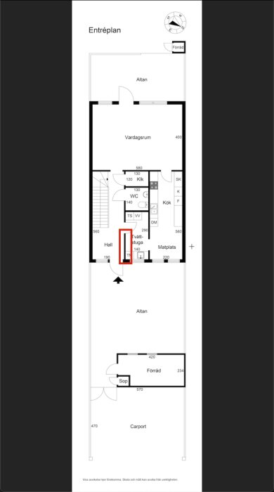 Planritning av radhus från 1971; rödmarkerade reglar mellan kök och hall på bottenvåningen som ska tas bort för att öppna upp utrymmet.