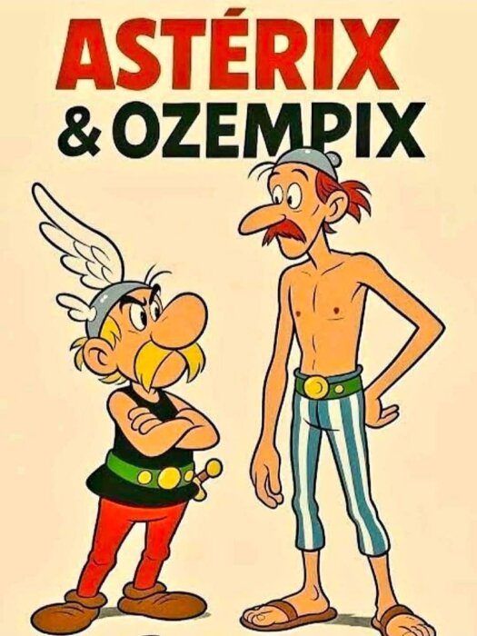 Tecknad bild av två karaktärer, en liten och muskulös figur med hjälm och en smal, längre figur i randiga byxor, med rubriken "Astérix & Ozempix".