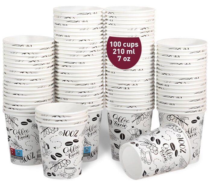 Stapel med 100 papperskoppar, 210 ml, med kaffemotiv och texten "Coffee time" och "100%", anordnade i tre högar.