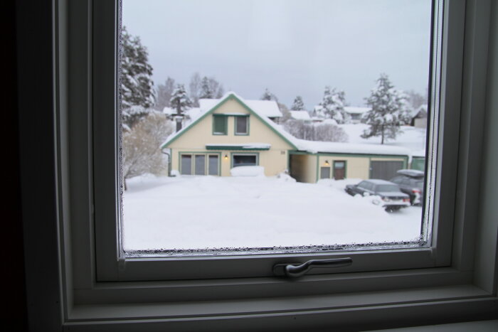 Frost på insidan av ett fönster med snöigt vinterlandskap utanför, visar isbildning och kondens vid kalla temperaturer i Traryd-fönster.