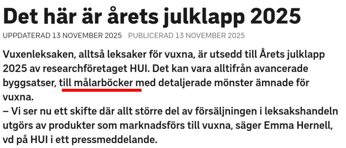 Artikel om årets julklapp 2025, vuxenleksaker som målarböcker och byggsatser, av researchföretaget HUI.