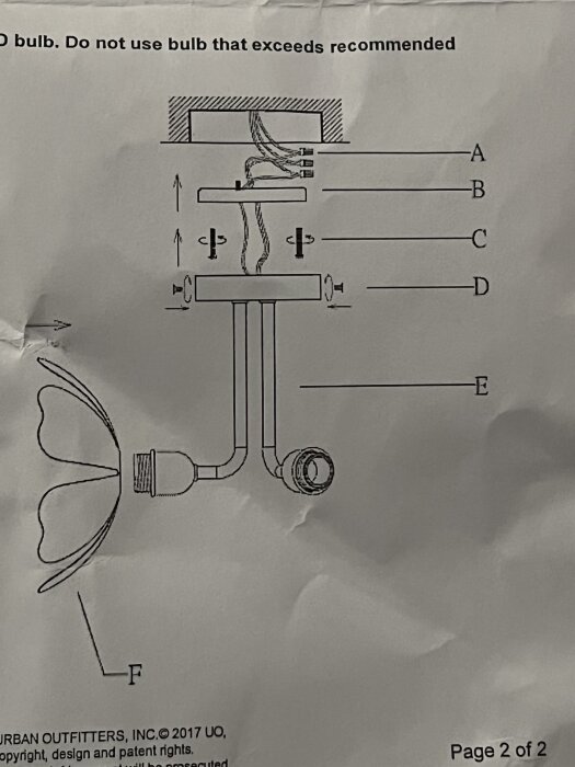 Ritning av taklampa med detaljerade monteringsinstruktioner och komponenter markerade A till F.