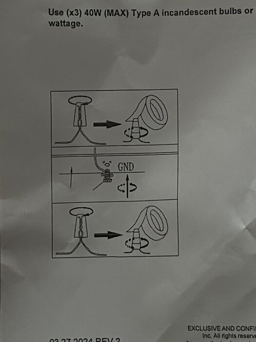 Instruktionsschema för anslutning av ljuskällor: Montering och jordning av kabel med specifikation för 40W Type A glödlampor.